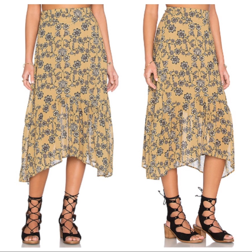 For Love & Lemons Pia Floral Midi Skirt Mustard S